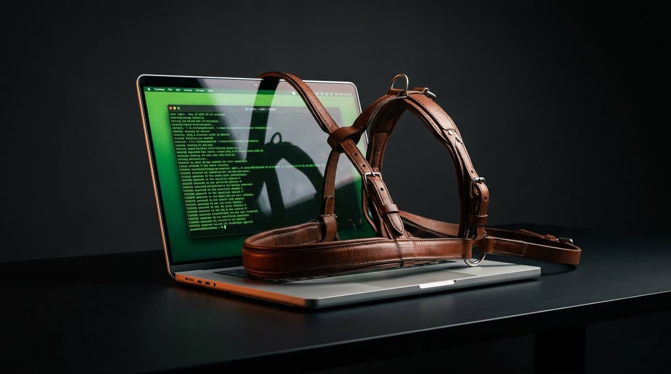 Studio shot of a leather harness next to an open laptop with a green terminal cursor