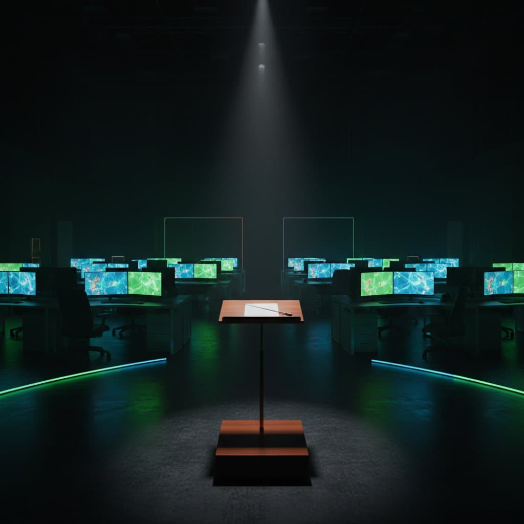 A lone conductor's podium on an empty stage surrounded by rows of glowing computer screens at empty office desks