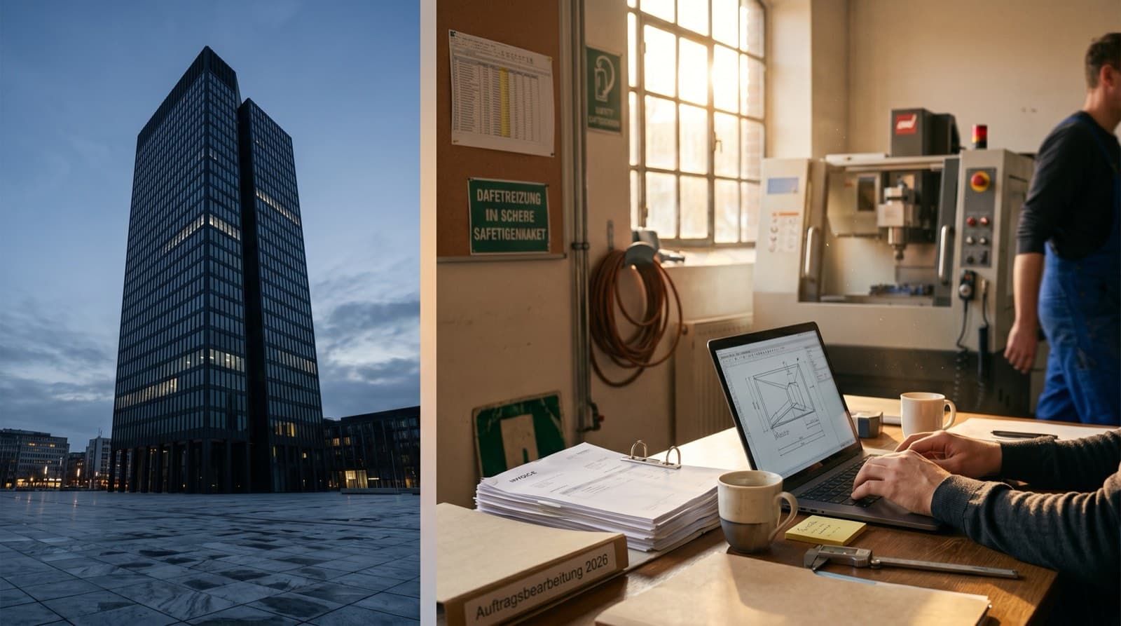 Split-screen composition contrasting a cold glass corporate headquarters tower at blue hour with a warmly lit Mittelstand office desk featuring a laptop, paper invoices, and a workshop in the background