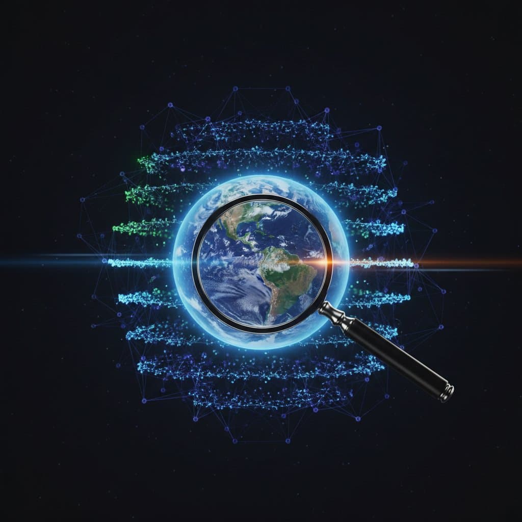 Earth in space surrounded by glowing neural network layers, a magnifying glass hovering in front analyzing the AI structures