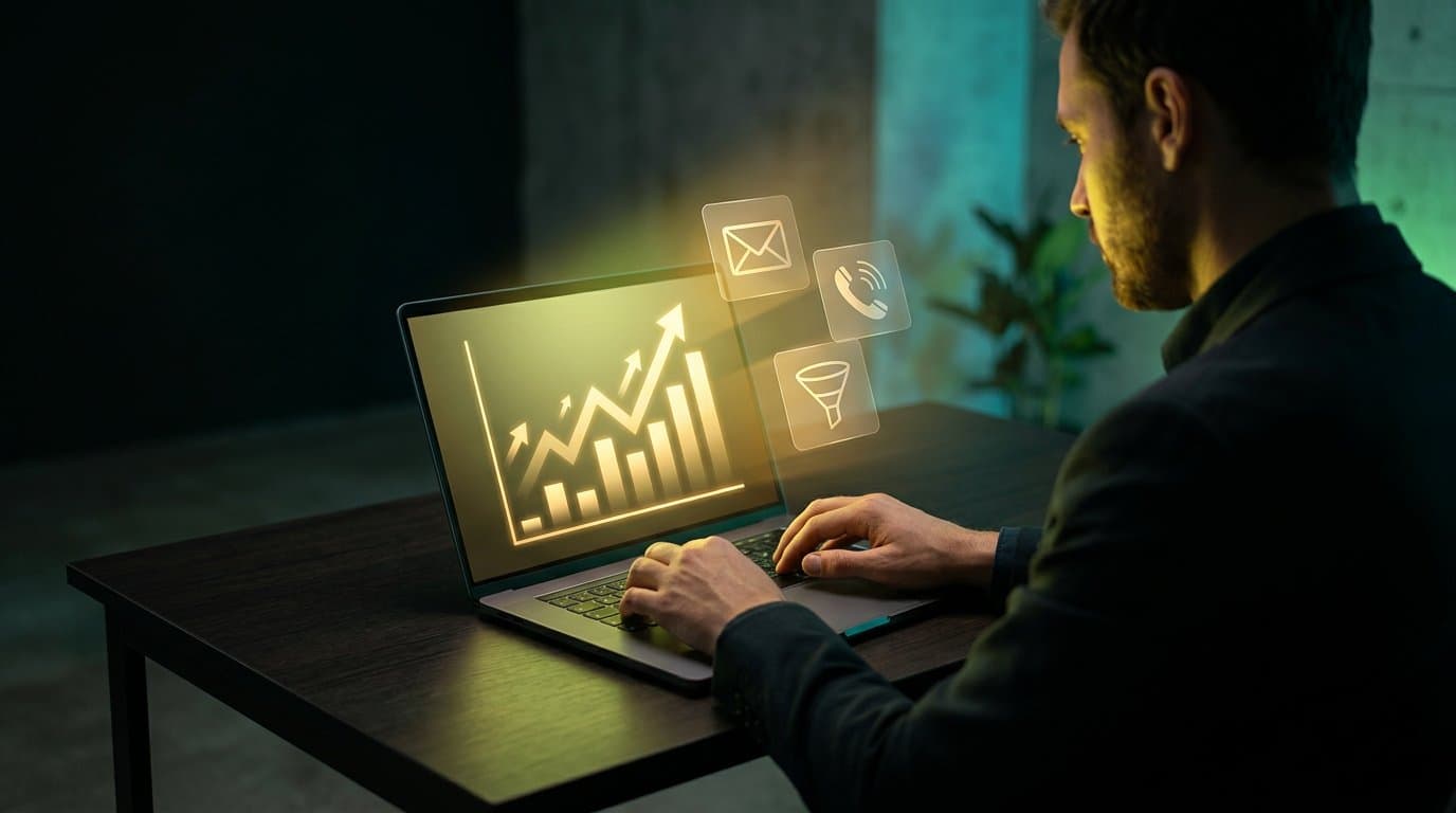 An engineer's workspace with monitors showing CRM dashboards, email sequences, and LinkedIn profiles simultaneously
