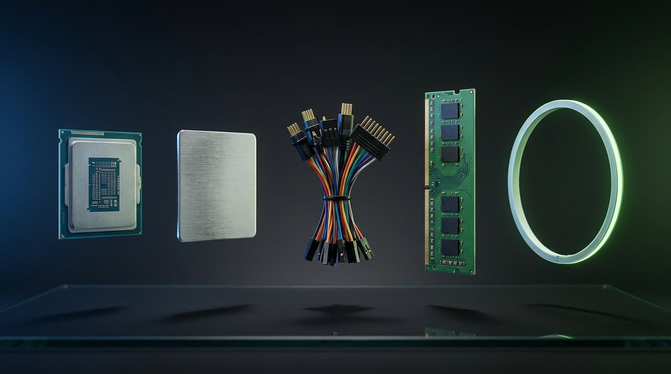 Five real hardware components in a row on dark glass, one lit in azure blue