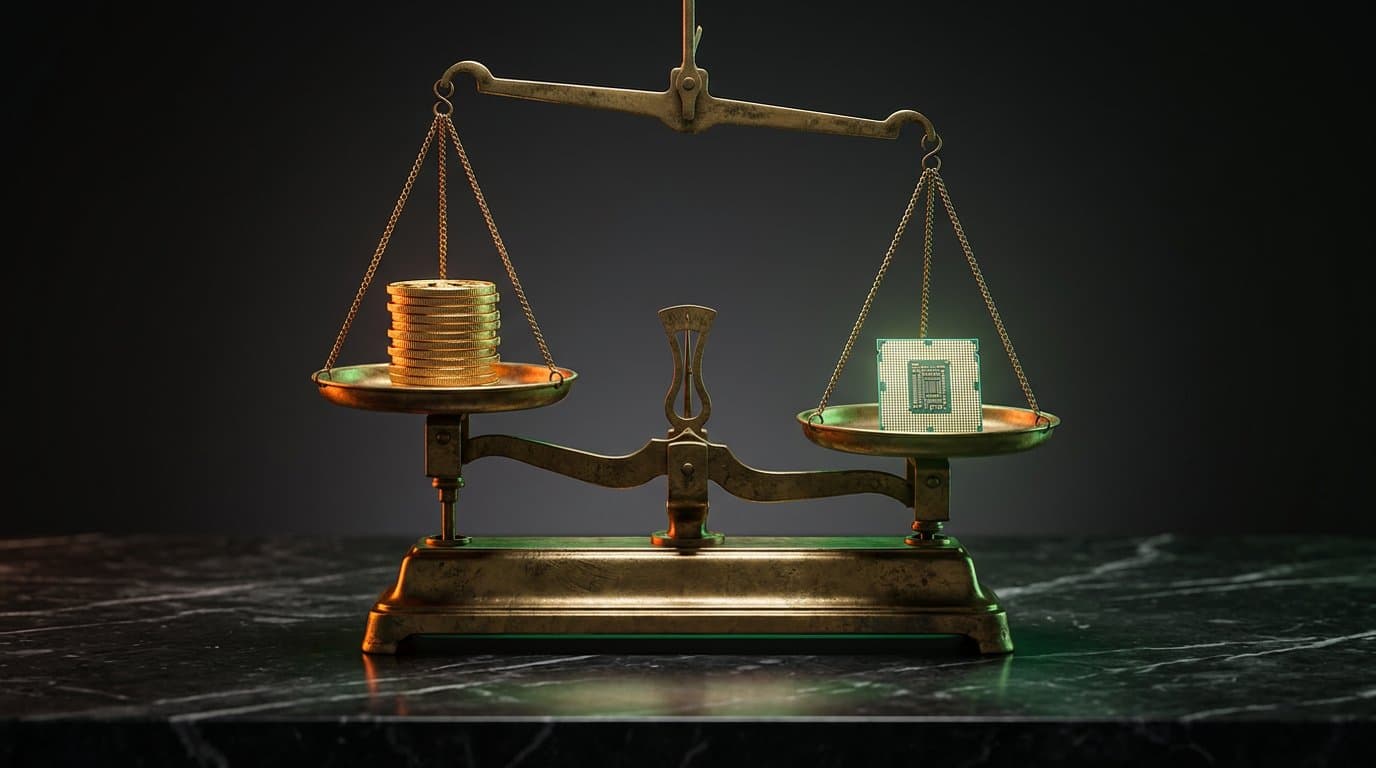 Brass balance scale weighing gold coins against a glowing AI chip on dark marble