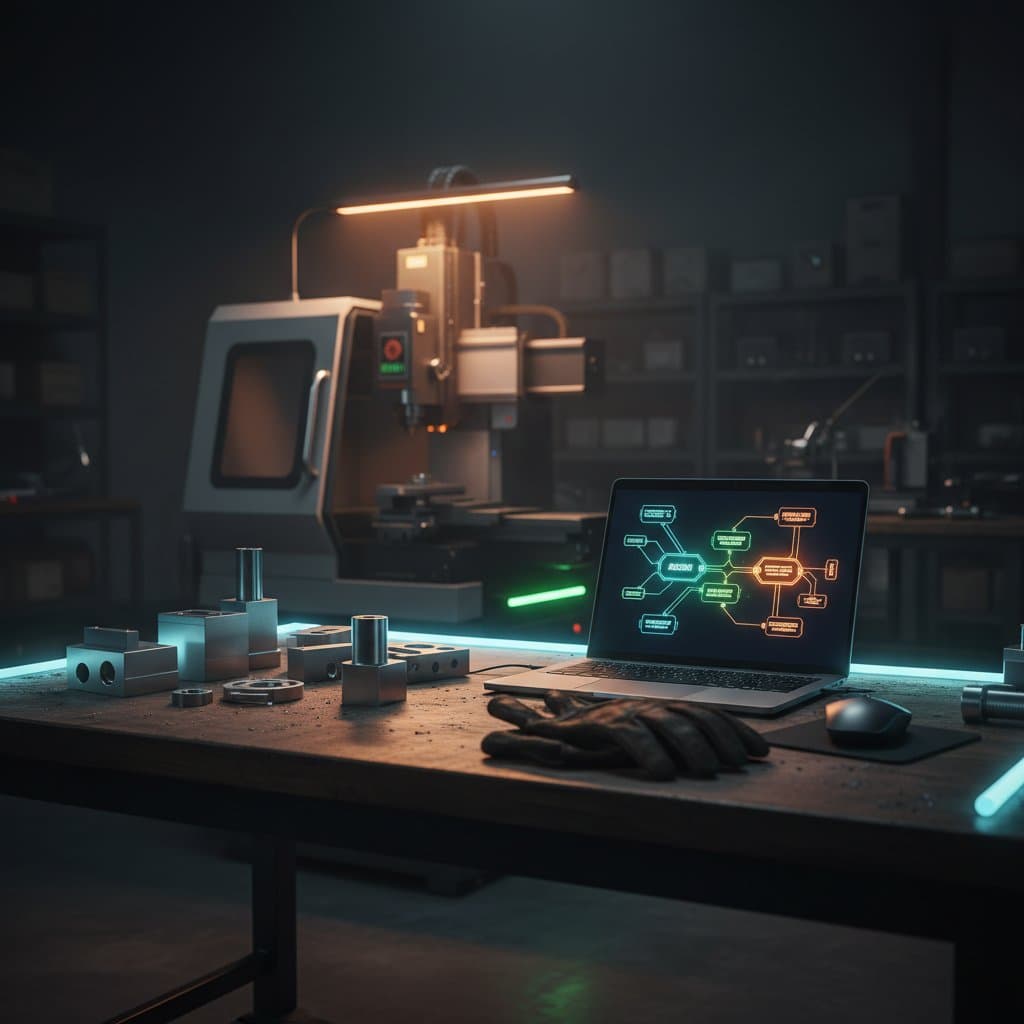 SME workshop floor: CNC machine and metal parts next to a laptop displaying an AI agent workflow — symbolizing the adoption gap
