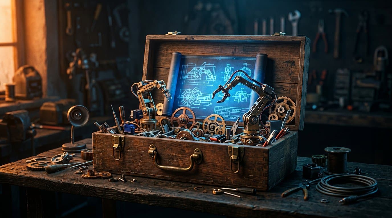 Open wooden toolbox filled with miniature robotic arms and copper gears on a dark workbench