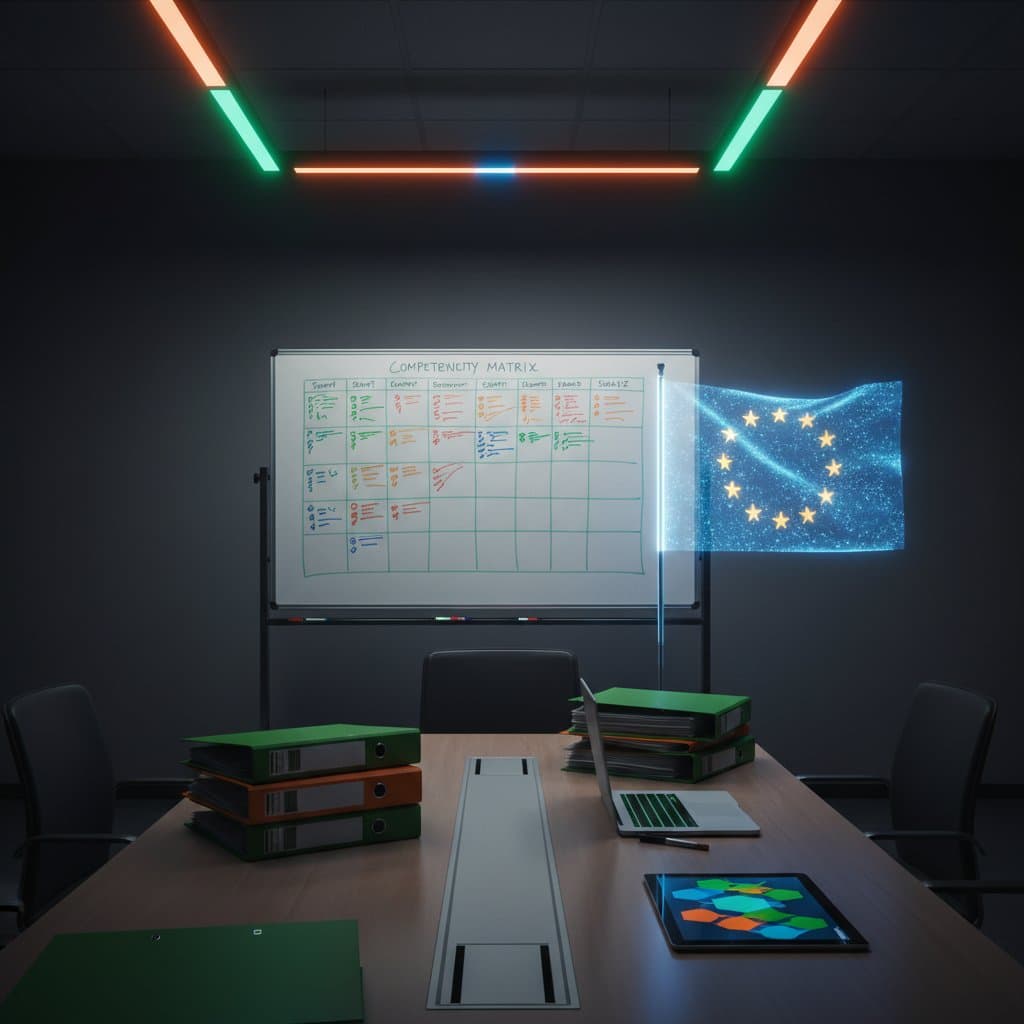 Training room with an AI competency matrix on a whiteboard and professionals in an AI regulation workshop