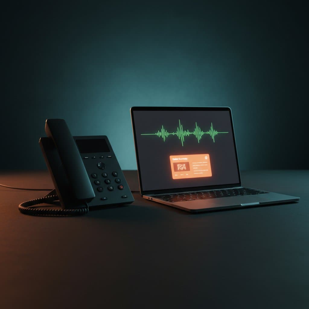 Desk with a silent phone and a glowing AI interface processing an incoming call