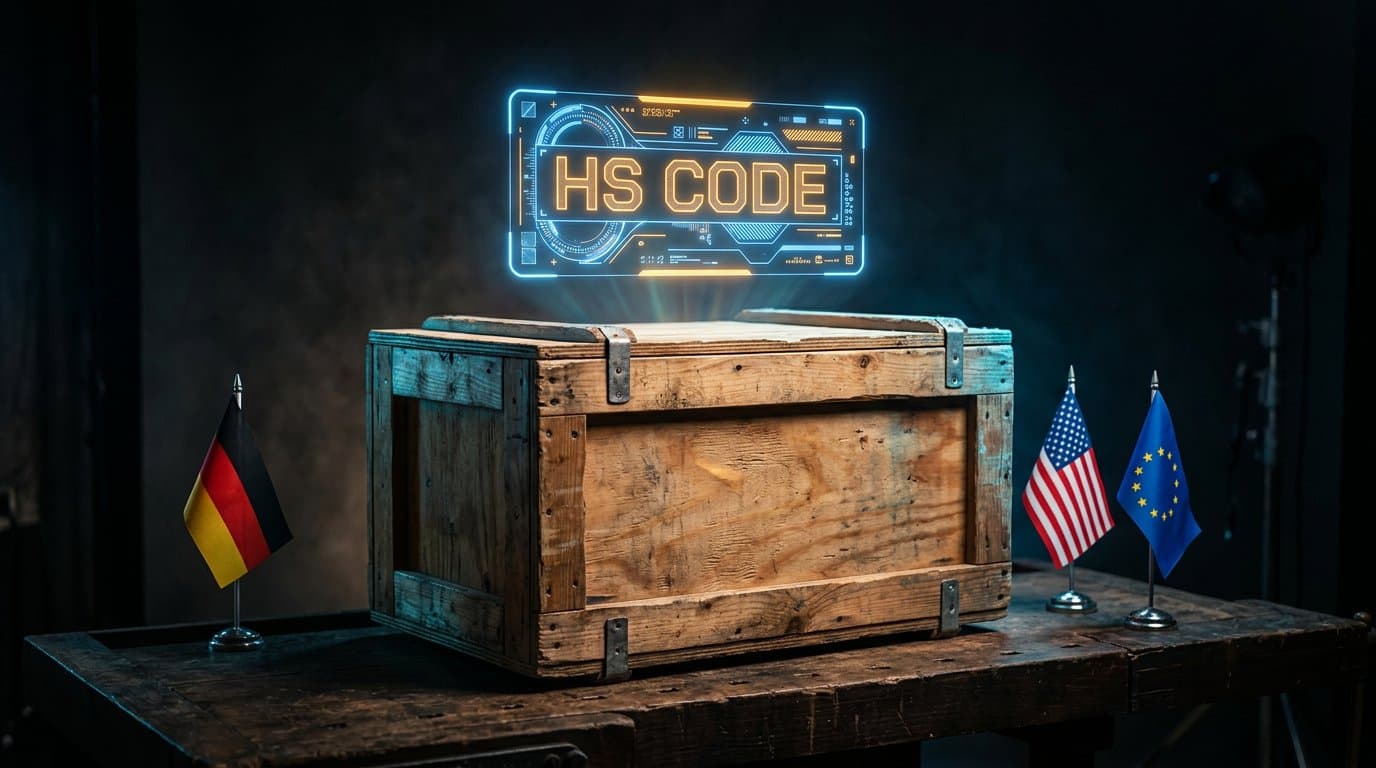 Wooden shipping crate with glowing HS code label floating above it, surrounded by German, US, and EU flags