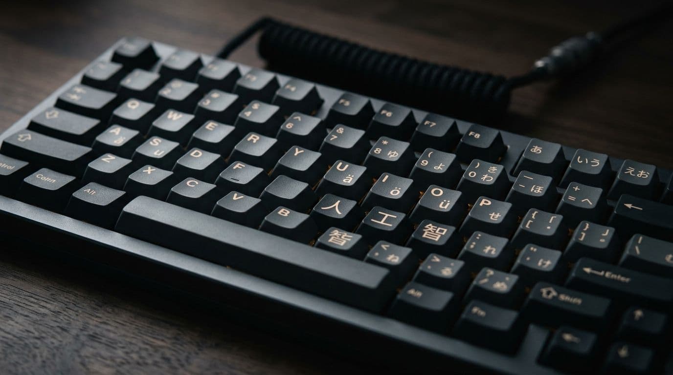 Mechanical keyboard with multilingual keycaps showing English, German umlauts, Chinese characters, and Japanese hiragana