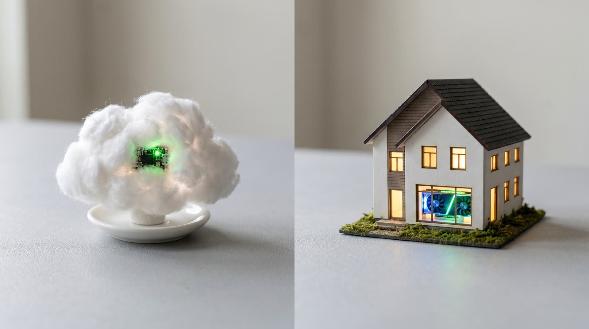 AI workstation with RTX GPU next to a laptop thin client in a home office setup