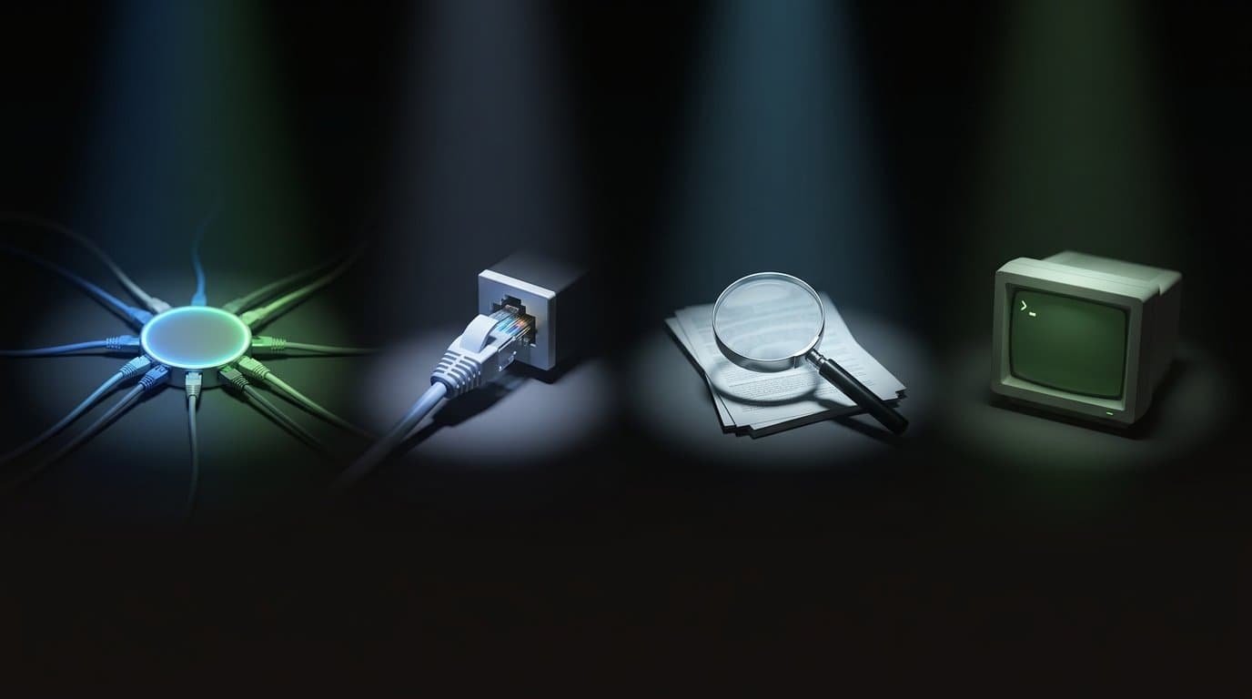 Four distinct connector types on a workbench as a metaphor for MCP, API, RAG, and CLI integration approaches