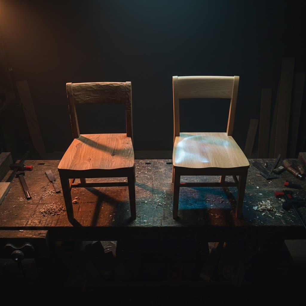 A woodworking bench with a handcrafted and a machine-made chair side by side in warm studio lighting