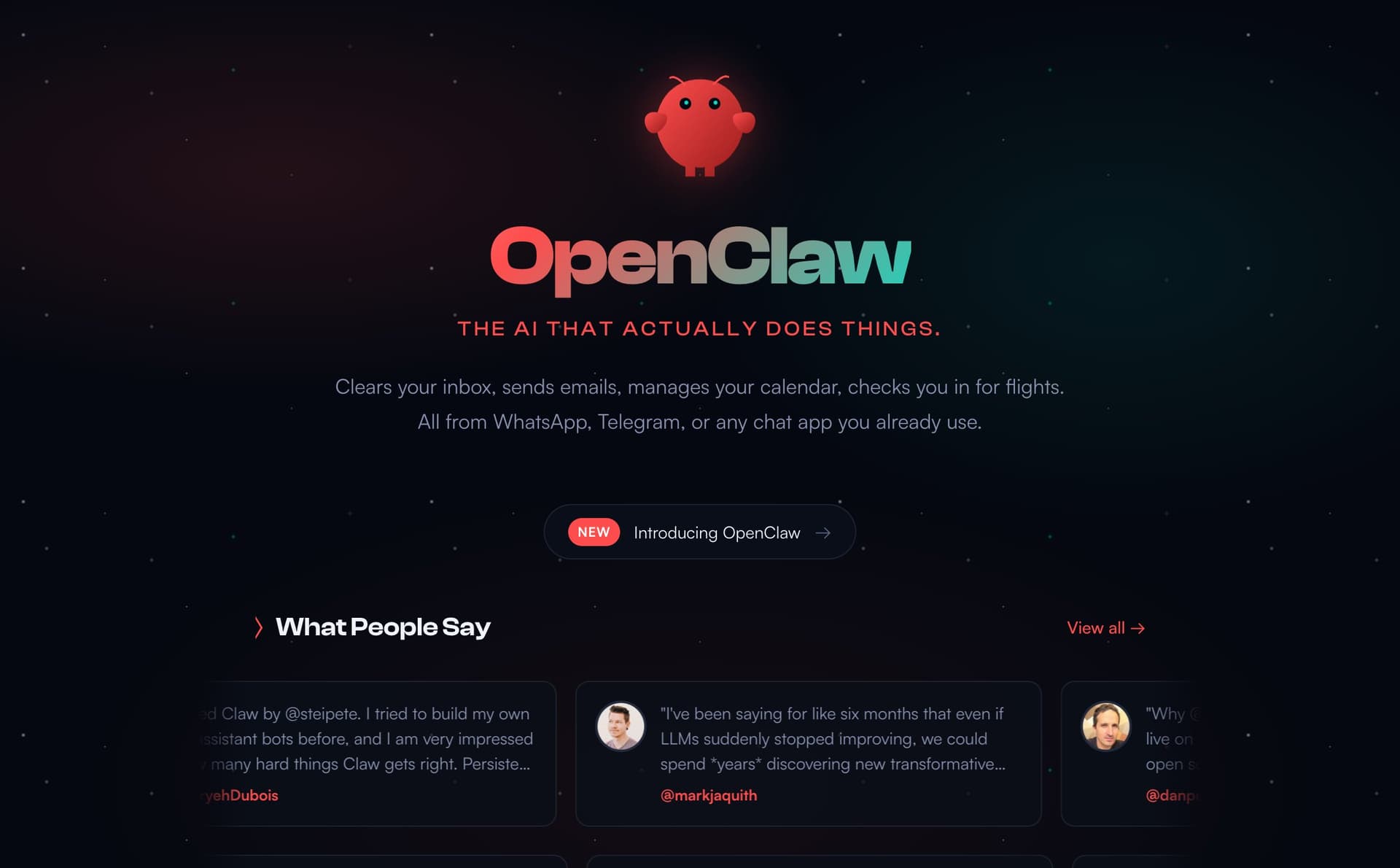 Screenshot of the OpenClaw website with lobster mascot and tagline The AI that actually does things