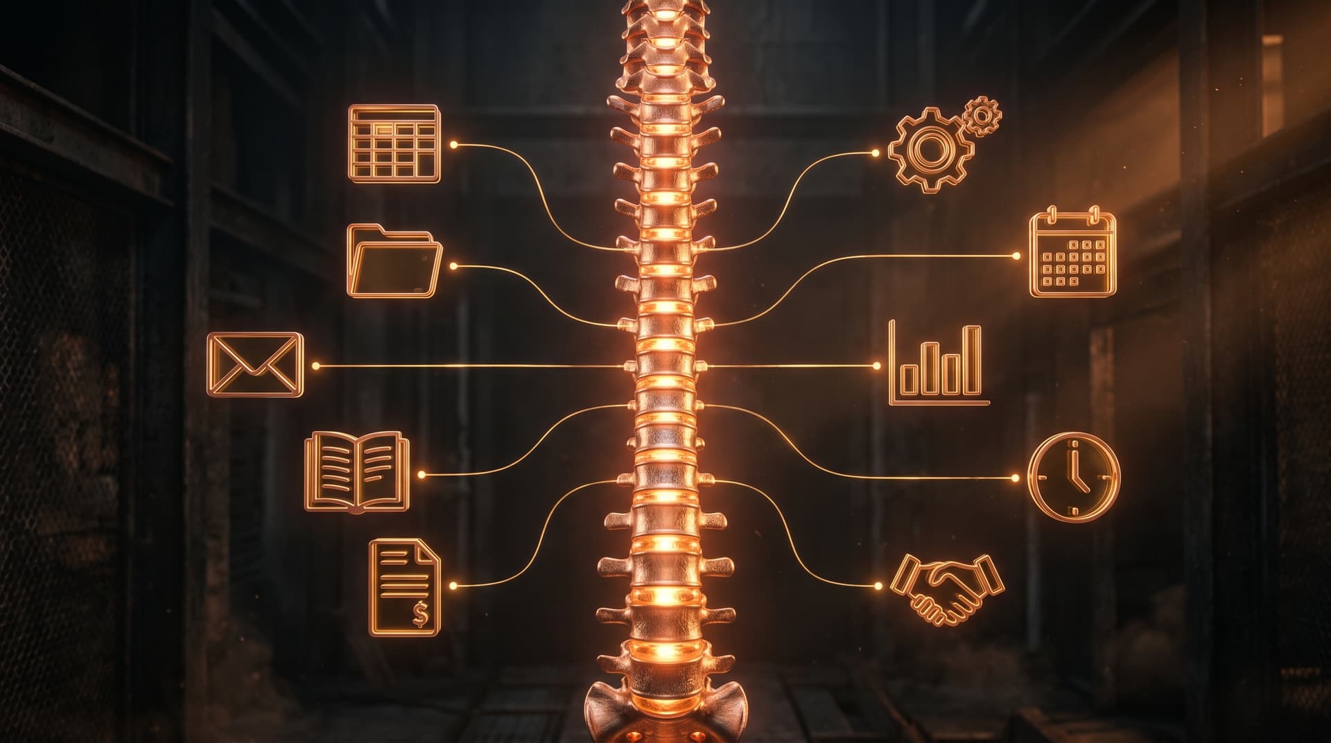 A glowing vertical backbone at center, connected via thin glowing lines to ten floating tool glyphs representing SAP, DATEV, Excel, Outlook and other business systems