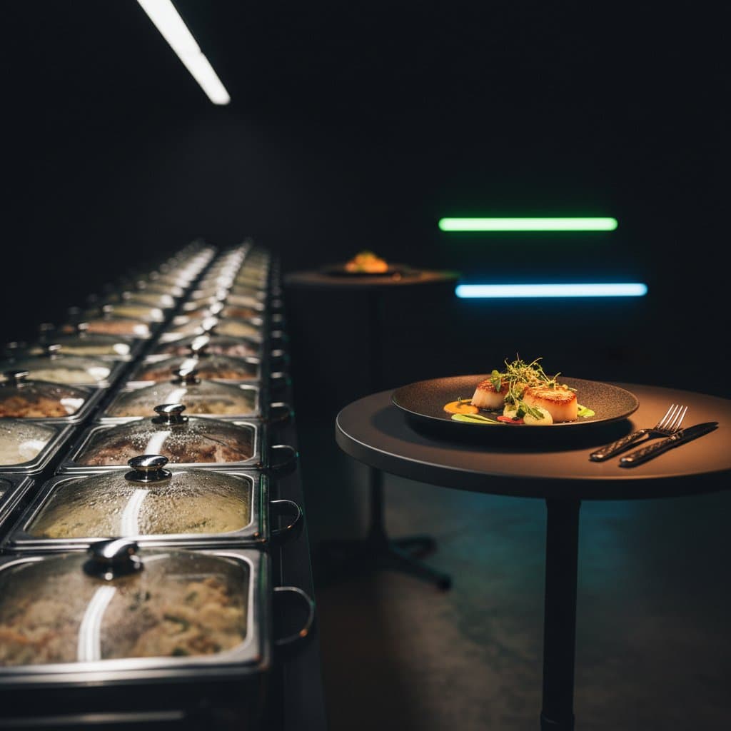 A long all-you-can-eat buffet with identical dishes under fluorescent lighting — beside it, a single perfectly plated dish under a warm spotlight