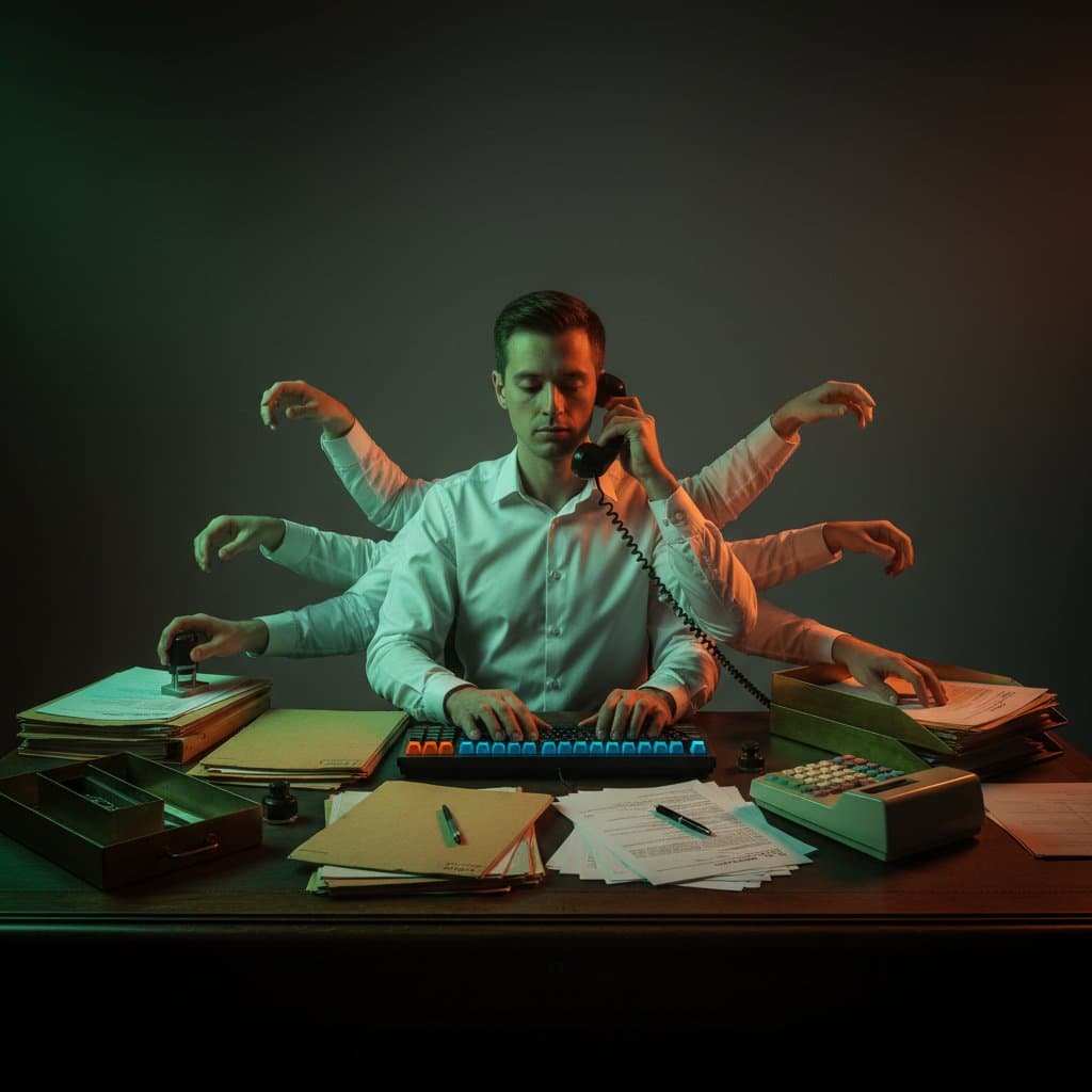 Office clerk with eight arms simultaneously handling tasks — stamping, sorting, typing, and making phone calls