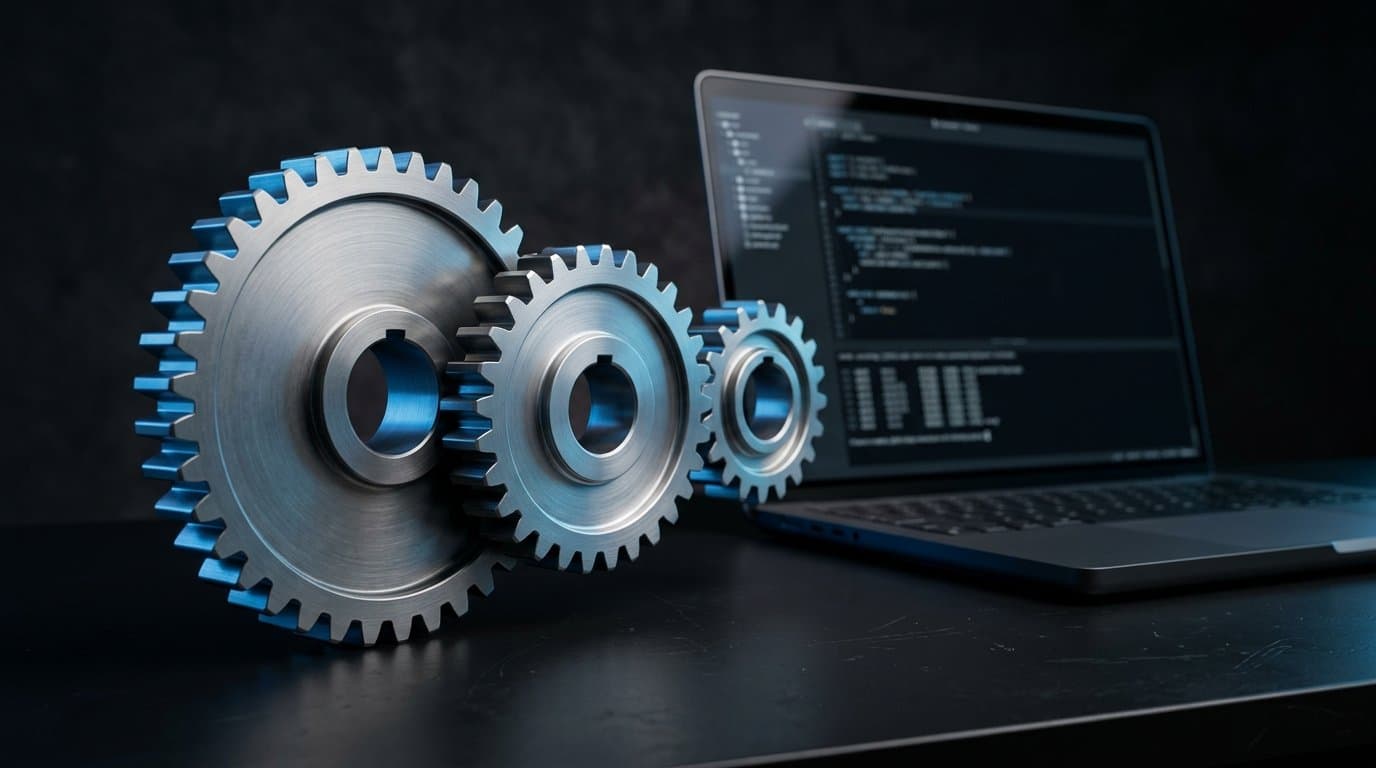 Studio shot of three interlocking brass gears of increasing size beside an open laptop showing a terminal