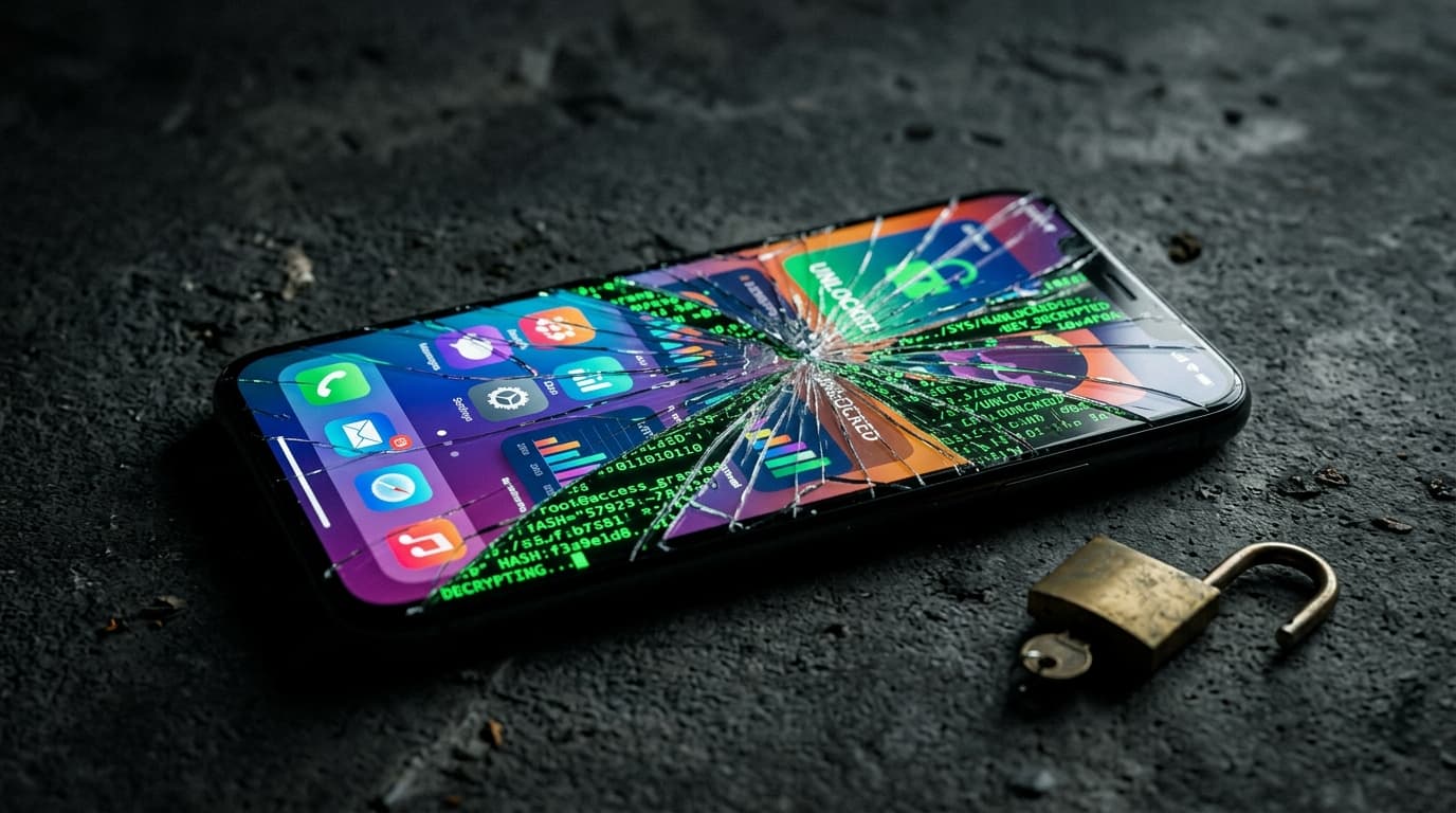 Close-up of a cracked glass screen with lines of code visible underneath, symbolizing the fragility of AI-generated software