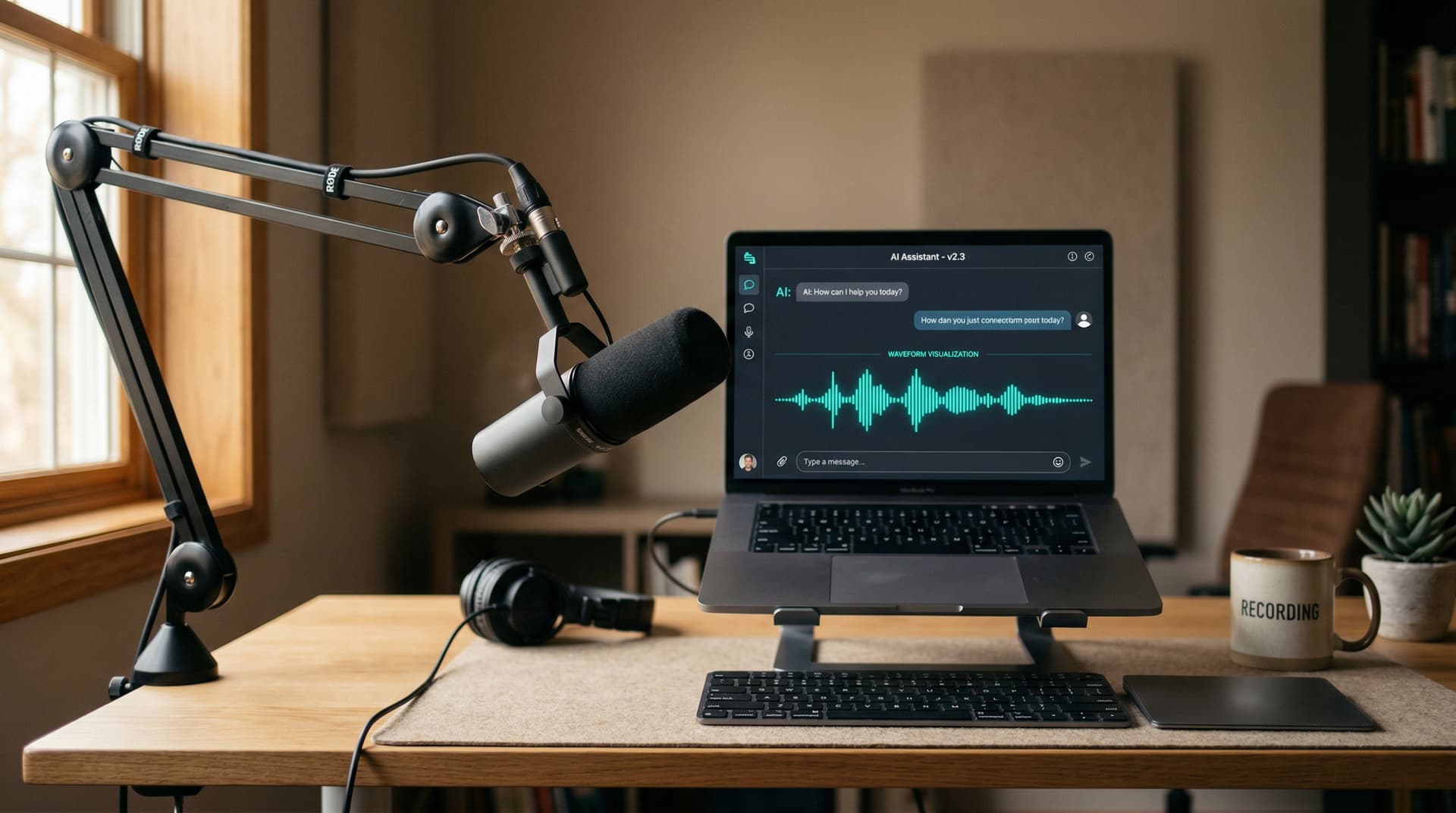 Person speaking into a microphone at a desk with an AI chat interface glowing on screen