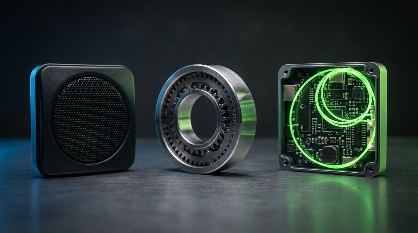 Three real tech objects in a row on a dark glass surface, one lit from within in green