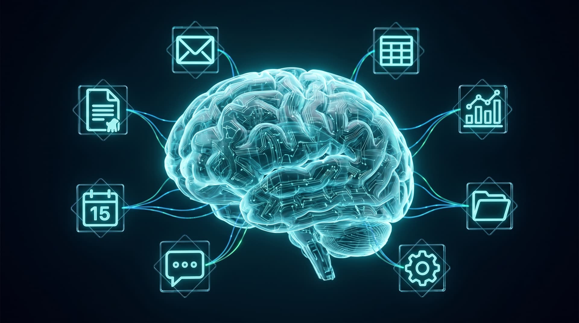 A glowing AI brain at center, connected via thin glowing lines to eight floating tool glyphs — representing a Company OS that unifies all SaaS tools