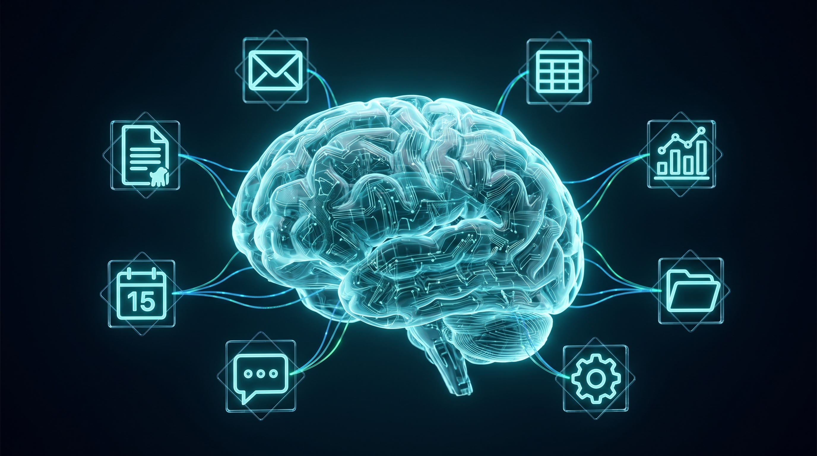 Glowing AI brain connected to floating tool glyphs as a visual metaphor for a Company OS